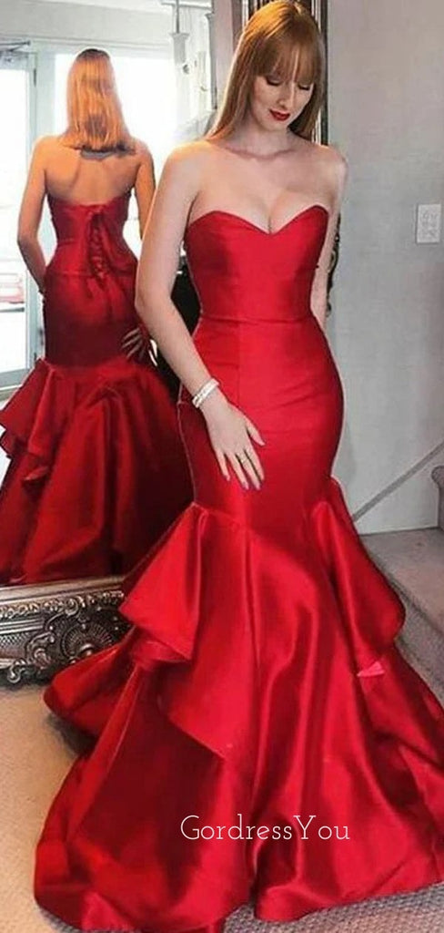 Sweetheart Red Satin Mermaid Long Evening Prom Dresses, Straps Dress, GR0497