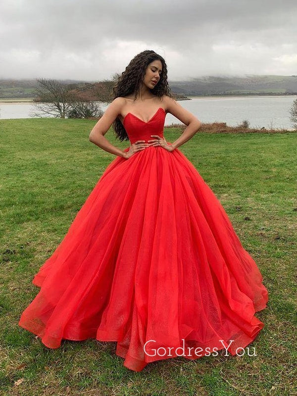 Red Tulle A-line Sweetheart Long Evening Prom Dresses, Strapless Ball Gown, GR0498