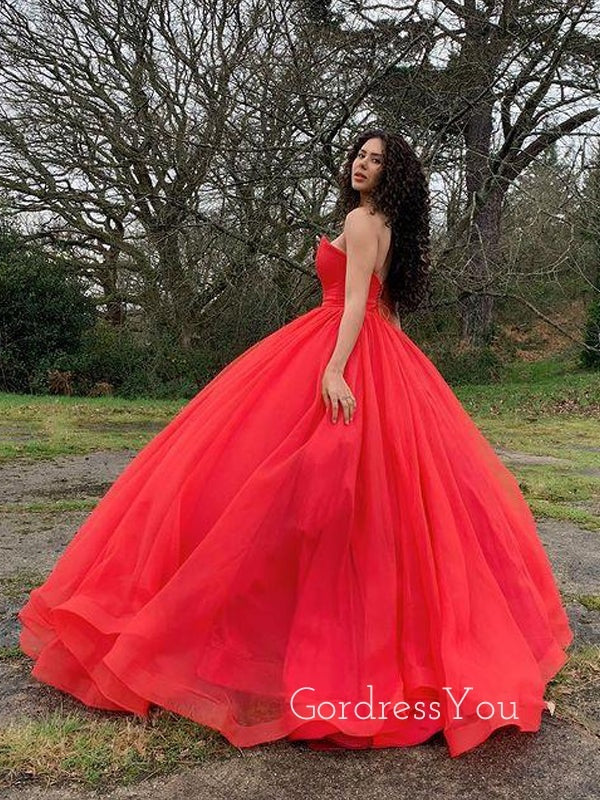 Red Tulle A-line Sweetheart Long Evening Prom Dresses, Strapless Ball Gown, GR0498