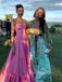 Strapless A-line Pink Satin Long Evening Prom Dresses, High Slit Prom Dress, GR0499