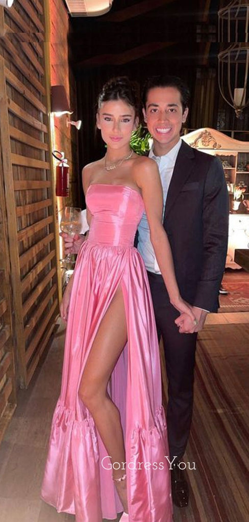 Strapless A-line Pink Satin Long Evening Prom Dresses, High Slit Prom Dress, GR0499