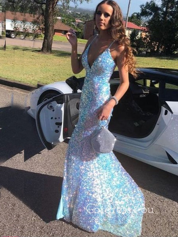 Popular Blue Sequins V-neck Long Evening Prom Dresses, GR0500