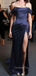 Gorgeous Navy Blue Satin Side Slit Long Evening Prom Dresses, Off Shoulder Prom dress, GR0505