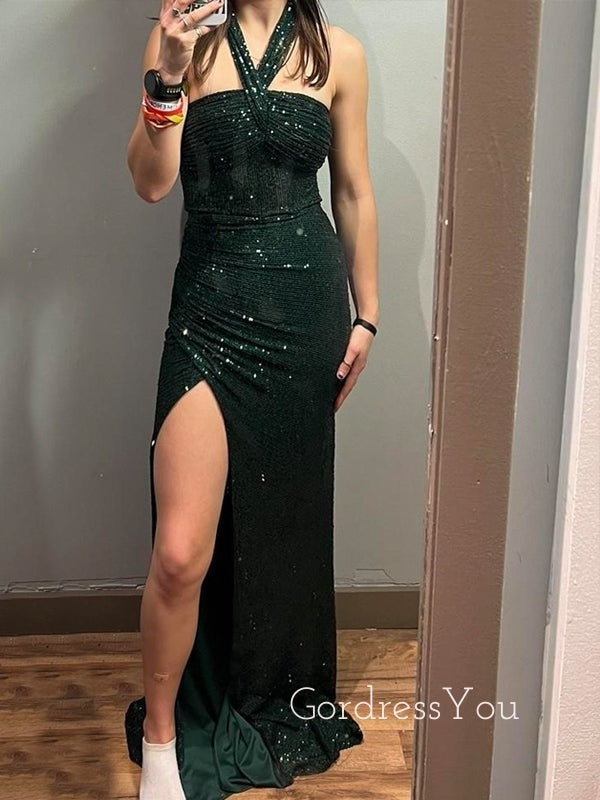 Halter Mermaid Dark Green Sequins Mermaid Long Evening Prom Dresses, GR0509