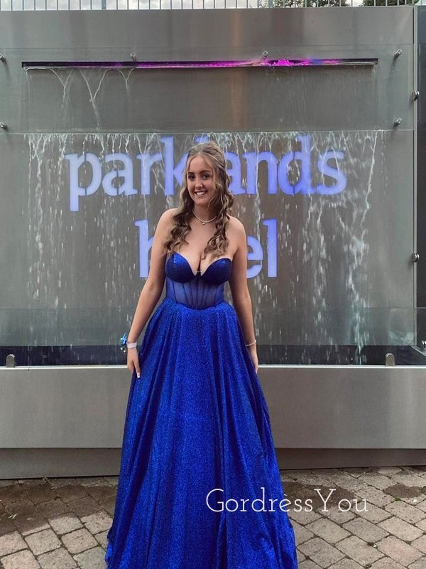 Sparkly Royal Blue Sweetheart A-line Long Evening Prom Dresses, GR0508