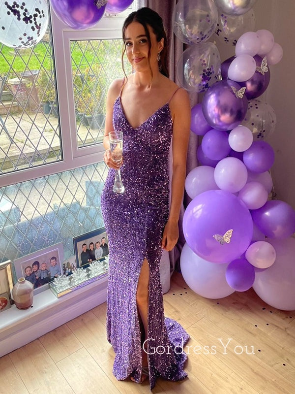 Purple Sequins Formal Mermaid Long Evening Prom Dresses, Spaghetti Straps V-neck Dress, GR0510