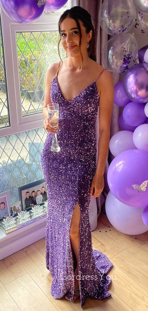 Purple Sequins Formal Mermaid Long Evening Prom Dresses, Spaghetti Straps V-neck Dress, GR0510