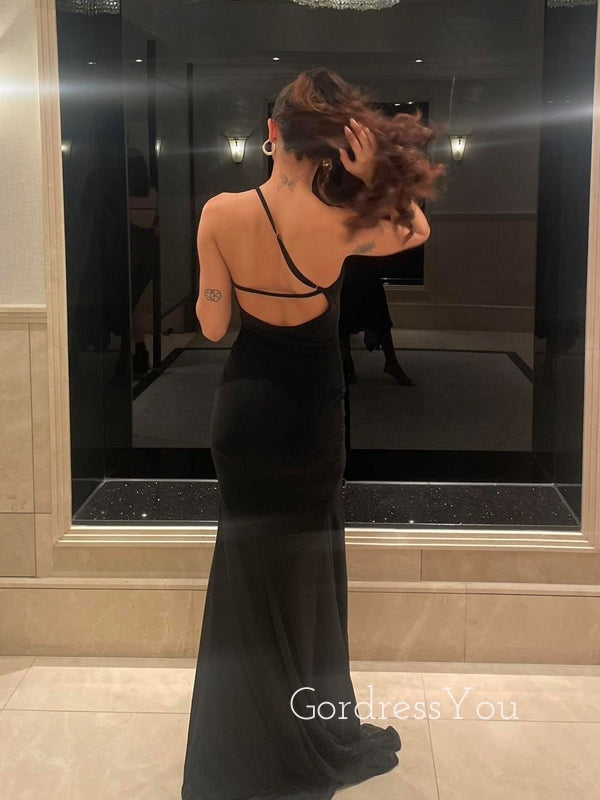 Simple One Shoulder Black Mermaid Side Slit Long Evening Prom Dresses, GR0512