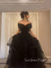 Black Tulle A-line Off Shoulder Long Evening Prom Dresses, GR0514