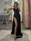 Sparkly High Slit Black Sequins Mermaid Long Evening Prom Dresses, V-neck Prom Dress, GR0515