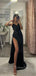 Sparkly High Slit Black Sequins Mermaid Long Evening Prom Dresses, V-neck Prom Dress, GR0515