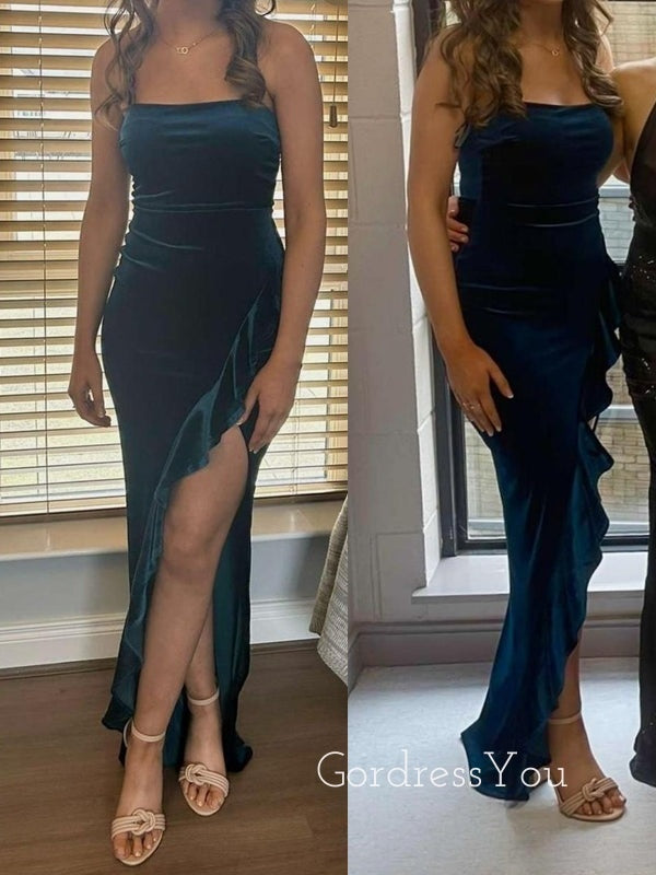 Strapless Velvet Side Slit Long Evening Prom Dresses, Mermaid Prom Dress, GR0517