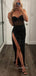 Spaghetti Straps Black Sequins Mermaid Side Slit Long Evening Prom Dresses, GR0518