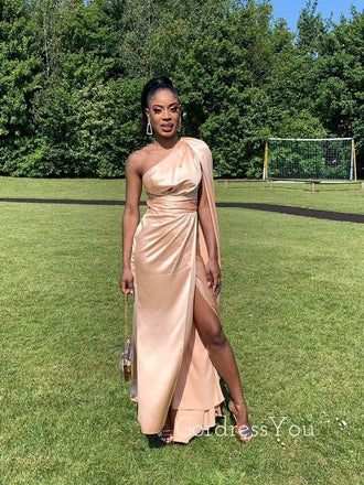Gorgeous One Shoulder Satin Side Slit Long Evening Prom Dresses, GR0521