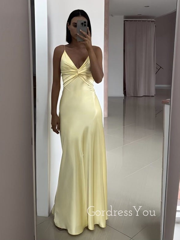 Yellow Satin V-neck Long Spaghetti Straps Evening Prom Dresses, GR0523