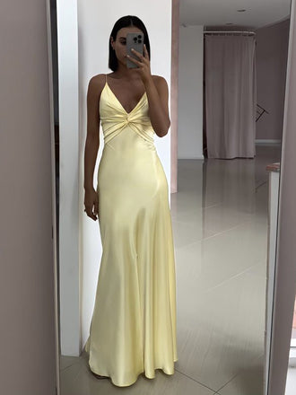 Yellow Satin V-neck Long Spaghetti Straps Evening Prom Dresses, GR0523