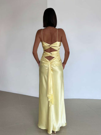 Yellow Satin V-neck Long Spaghetti Straps Evening Prom Dresses, GR0523