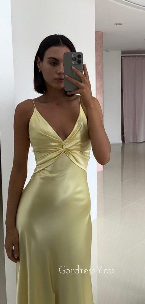 Yellow Satin V-neck Long Spaghetti Straps Evening Prom Dresses, GR0523