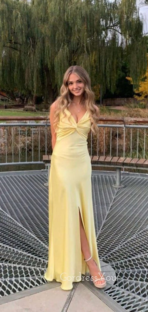 Yellow Satin V-neck Long Spaghetti Straps Evening Prom Dresses, GR0523