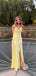 Yellow Satin V-neck Long Spaghetti Straps Evening Prom Dresses, GR0523