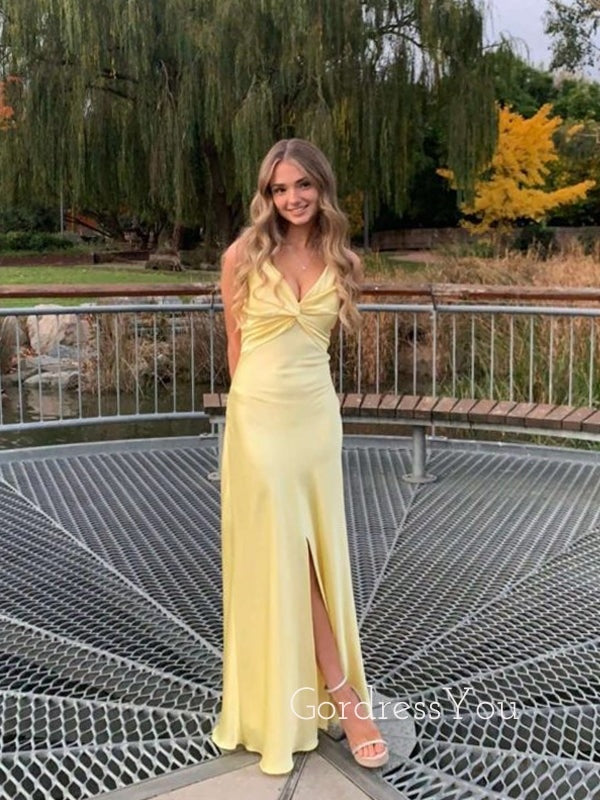 Yellow Satin V-neck Long Spaghetti Straps Evening Prom Dresses, GR0523