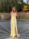 Yellow Satin V-neck Long Spaghetti Straps Evening Prom Dresses, GR0523