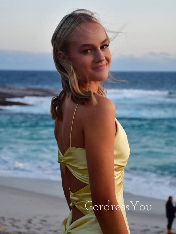 Yellow Satin V-neck Long Spaghetti Straps Evening Prom Dresses, GR0523