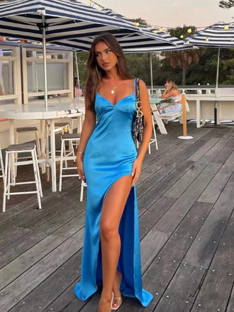 Blue Satin Mermaid V-neck Long Evening Prom Dresses, High Slit Prom Dress, GR0525