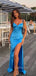Blue Satin Mermaid V-neck Long Evening Prom Dresses, High Slit Prom Dress, GR0525