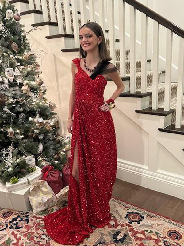 Sparkly Red Sequins High Slit Long Evening Prom Dresses, One Shoulder Prom Dress, GR0526