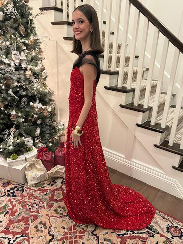 Sparkly Red Sequins High Slit Long Evening Prom Dresses, One Shoulder Prom Dress, GR0526