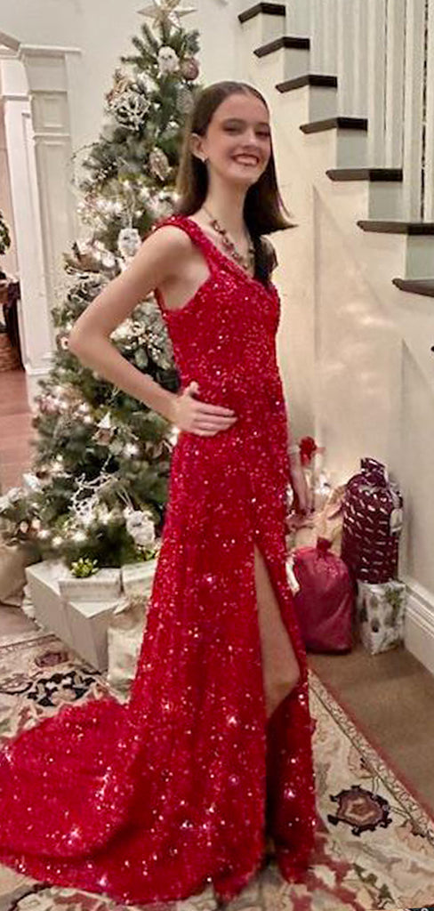 Sparkly Red Sequins High Slit Long Evening Prom Dresses, One Shoulder Prom Dress, GR0526