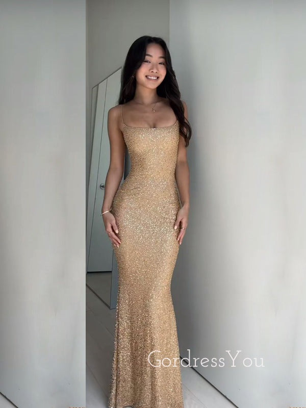 Gold Sequins Spaghetti Straps Mermaid Long Evening Prom Dresses, GR0527