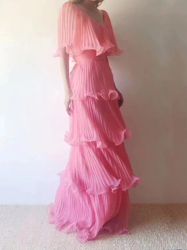 Gorgeous Pink A-line V-neck Long Evening Prom Dresses, GR0530