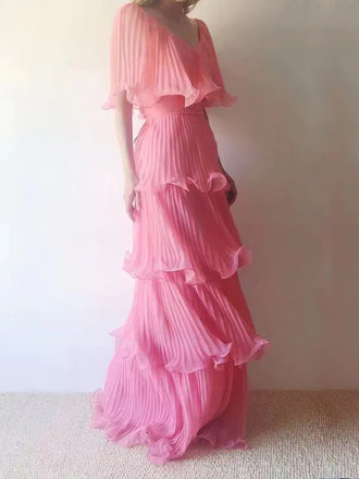 Gorgeous Pink A-line V-neck Long Evening Prom Dresses, GR0530