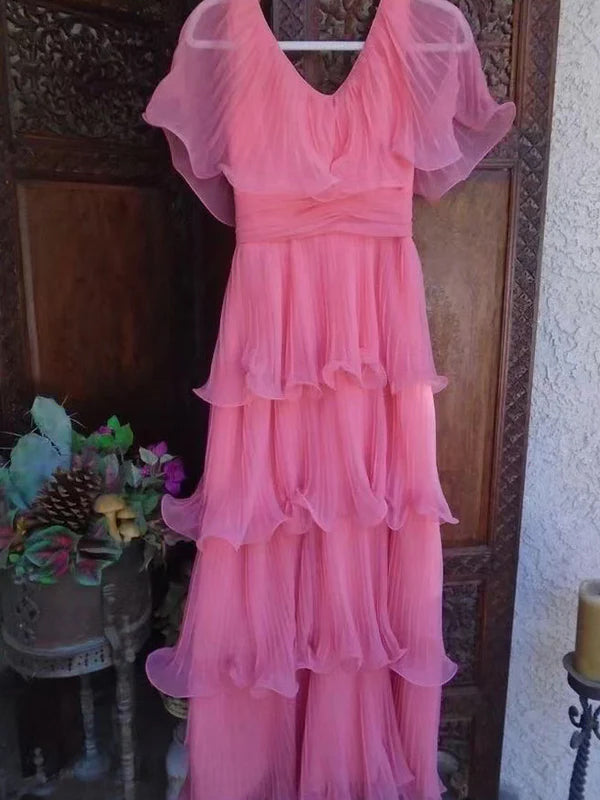 Gorgeous Pink A-line V-neck Long Evening Prom Dresses, GR0530