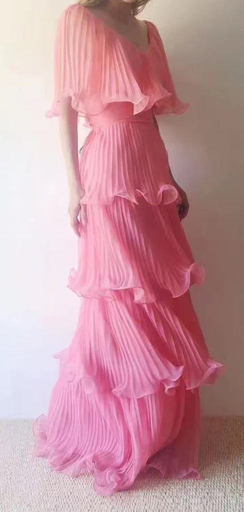 Gorgeous Pink A-line V-neck Long Evening Prom Dresses, GR0530