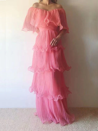 Gorgeous Pink A-line V-neck Long Evening Prom Dresses, GR0530