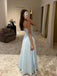 Simple Blue Tulle Long Strapless Evening Prom Dresses, GR0531