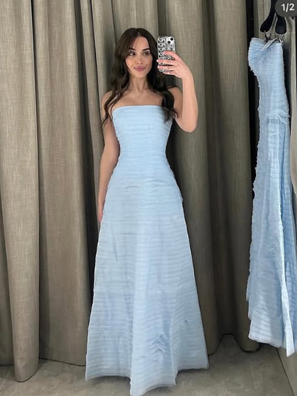 Simple Blue Tulle Long Strapless Evening Prom Dresses, GR0531