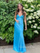 Blue Satin V-neck Beaded Long Evening Prom Dresses, GR0532