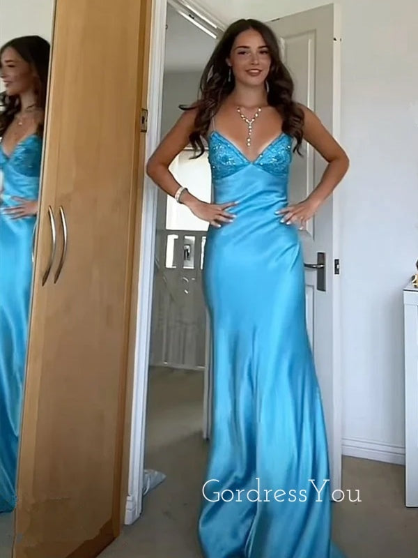 Blue Satin V-neck Beaded Long Evening Prom Dresses, GR0532