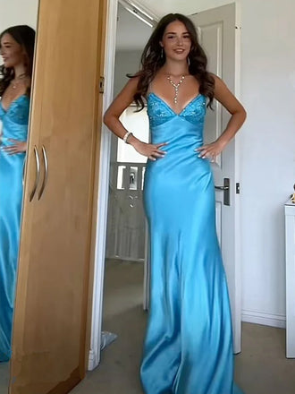 Blue Satin V-neck Beaded Long Evening Prom Dresses, GR0532