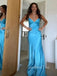 Blue Satin V-neck Beaded Long Evening Prom Dresses, GR0532