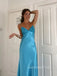 Blue Satin V-neck Beaded Long Evening Prom Dresses, GR0532