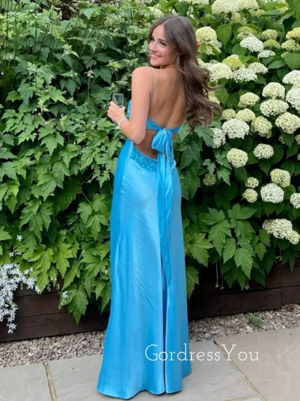 Blue Satin V-neck Beaded Long Evening Prom Dresses, GR0532
