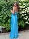 Blue Satin V-neck Beaded Long Evening Prom Dresses, GR0532