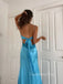 Blue Satin V-neck Beaded Long Evening Prom Dresses, GR0532