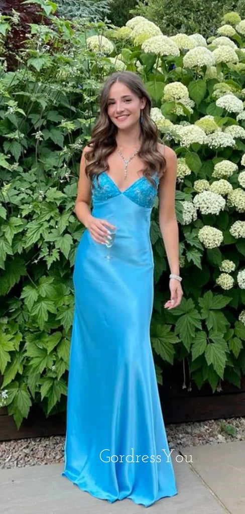 Blue Satin V-neck Beaded Long Evening Prom Dresses, GR0532