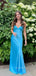 Blue Satin V-neck Beaded Long Evening Prom Dresses, GR0532